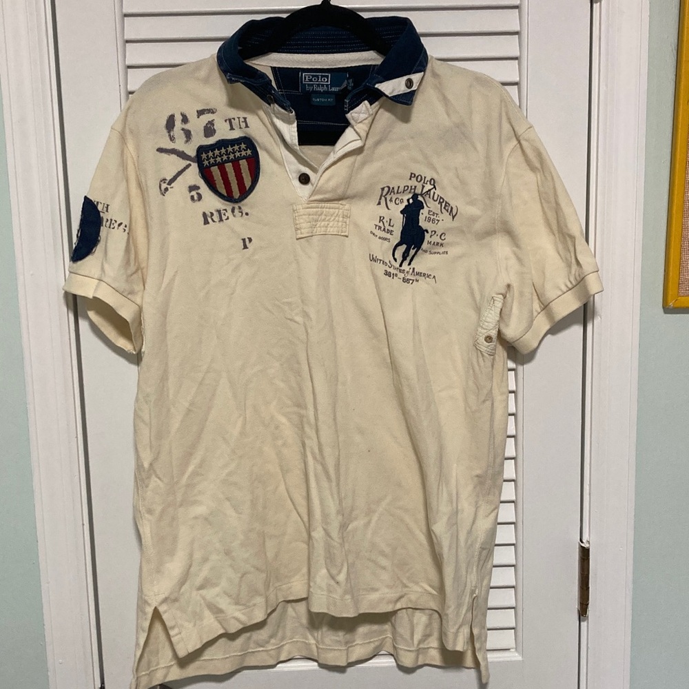 Polo by Ralph Lauren Men's Cream and Navy Polo Shirt
